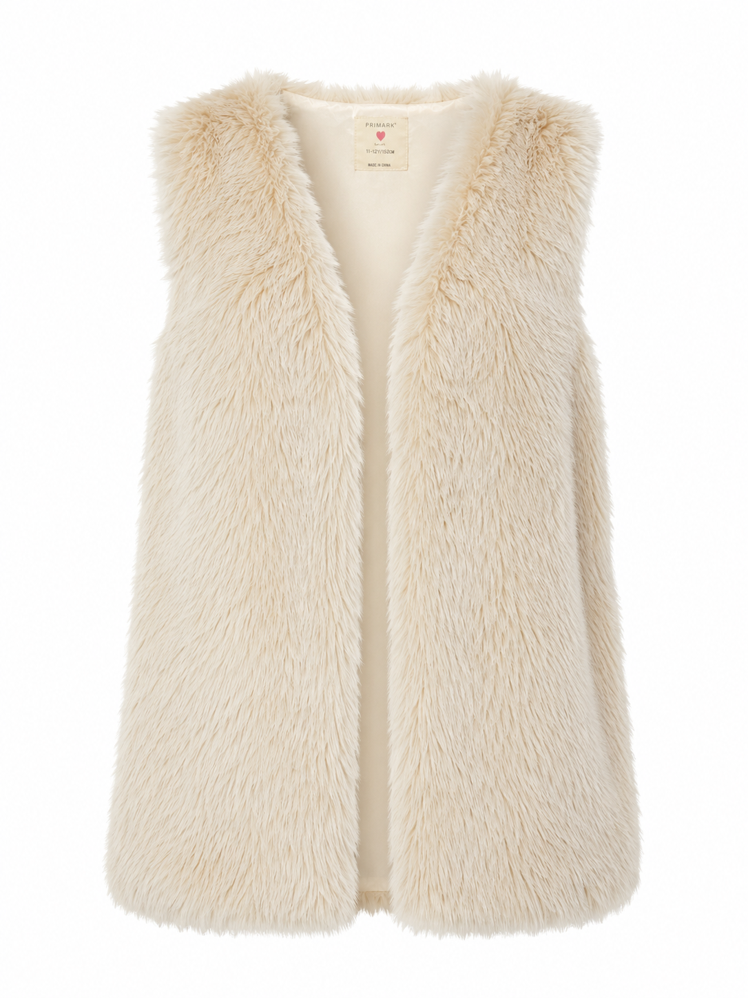 PRIMARK Girls Cream Faux Fur Gilet in UK 13–14 Years. Soft shaggy faux fur, stylish sleeveless design and a cosy layer for autumn and winter outfits.