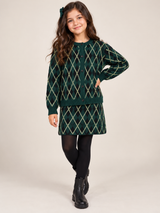 PRIMARK Girls Dark Green Argyle Knitted Cardigan & Skirt Co-Ord Set