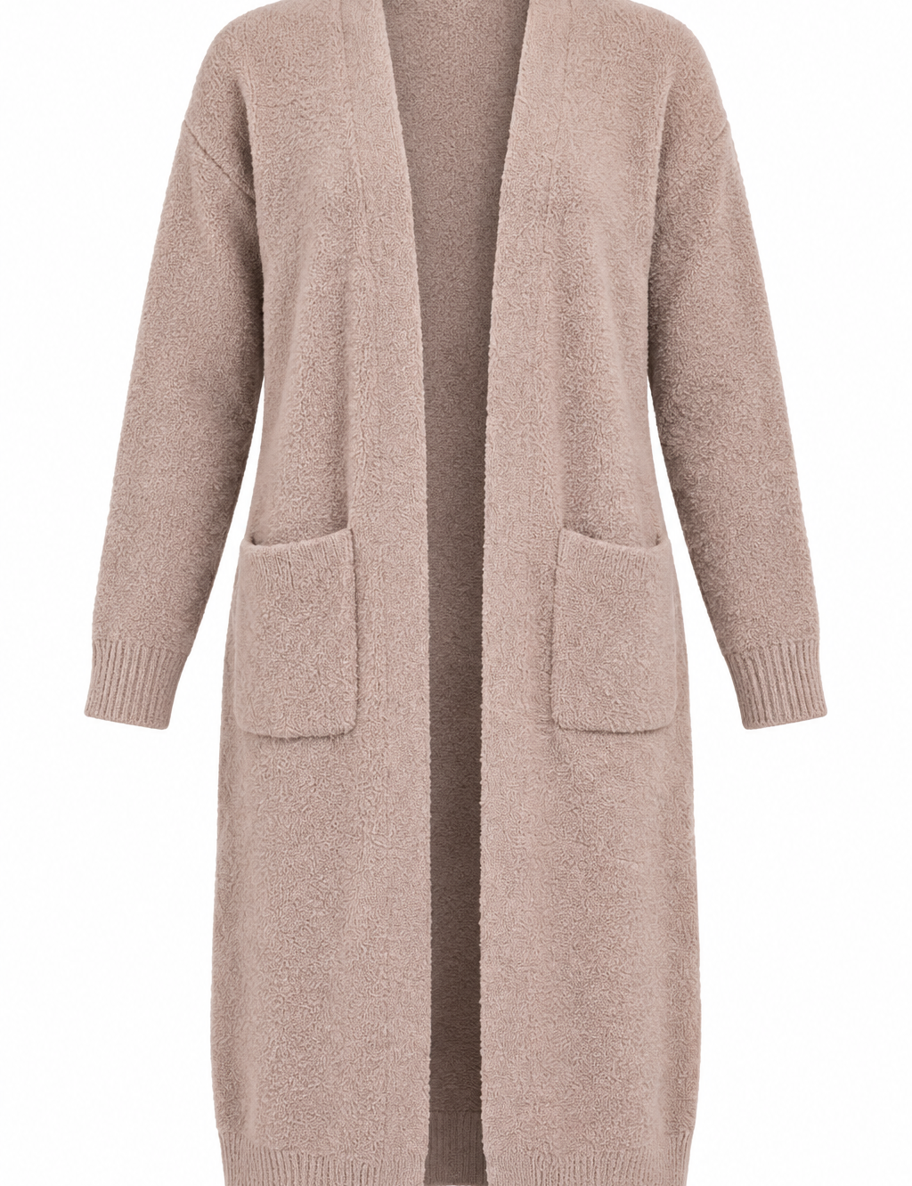 PRIMARK Girls Longline Teddy Knit Cardigan in UK Size S. Soft beige open-front design with long sleeves and front pockets, perfect for cosy layering.
