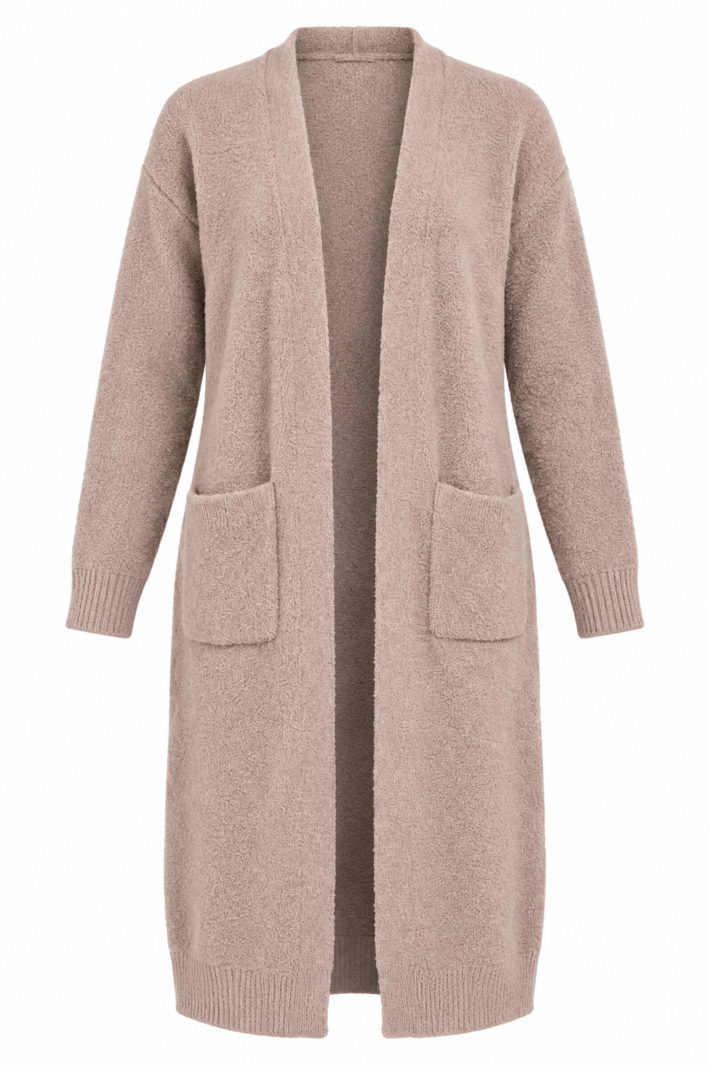 PRIMARK Girls Longline Teddy Knit Cardigan in UK Size S. Soft beige open-front design with long sleeves and front pockets, perfect for cosy layering.