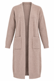 PRIMARK Girls Longline Teddy Knit Cardigan in UK Size S. Soft beige open-front design with long sleeves and front pockets, perfect for cosy layering.
