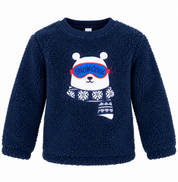  Primark girls navy blue teddy fleece sweatshirt in UK size 7-8 years, featuring a cute polar bear Snowcool design. Soft, warm and cosy winter wear.