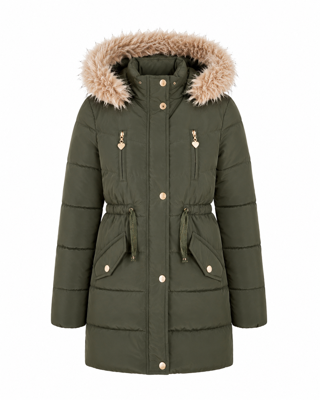   Primark girls’ olive green puffer coat in UK size 7-8 years, featuring a cosy faux-fur hood, quilted padding, adjustable waist and practical pockets. Perfect for winter.