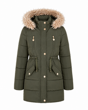  Primark girls’ olive green puffer coat in UK size 7-8 years, featuring a cosy faux-fur hood, quilted padding, adjustable waist and practical pockets. Perfect for winter.
