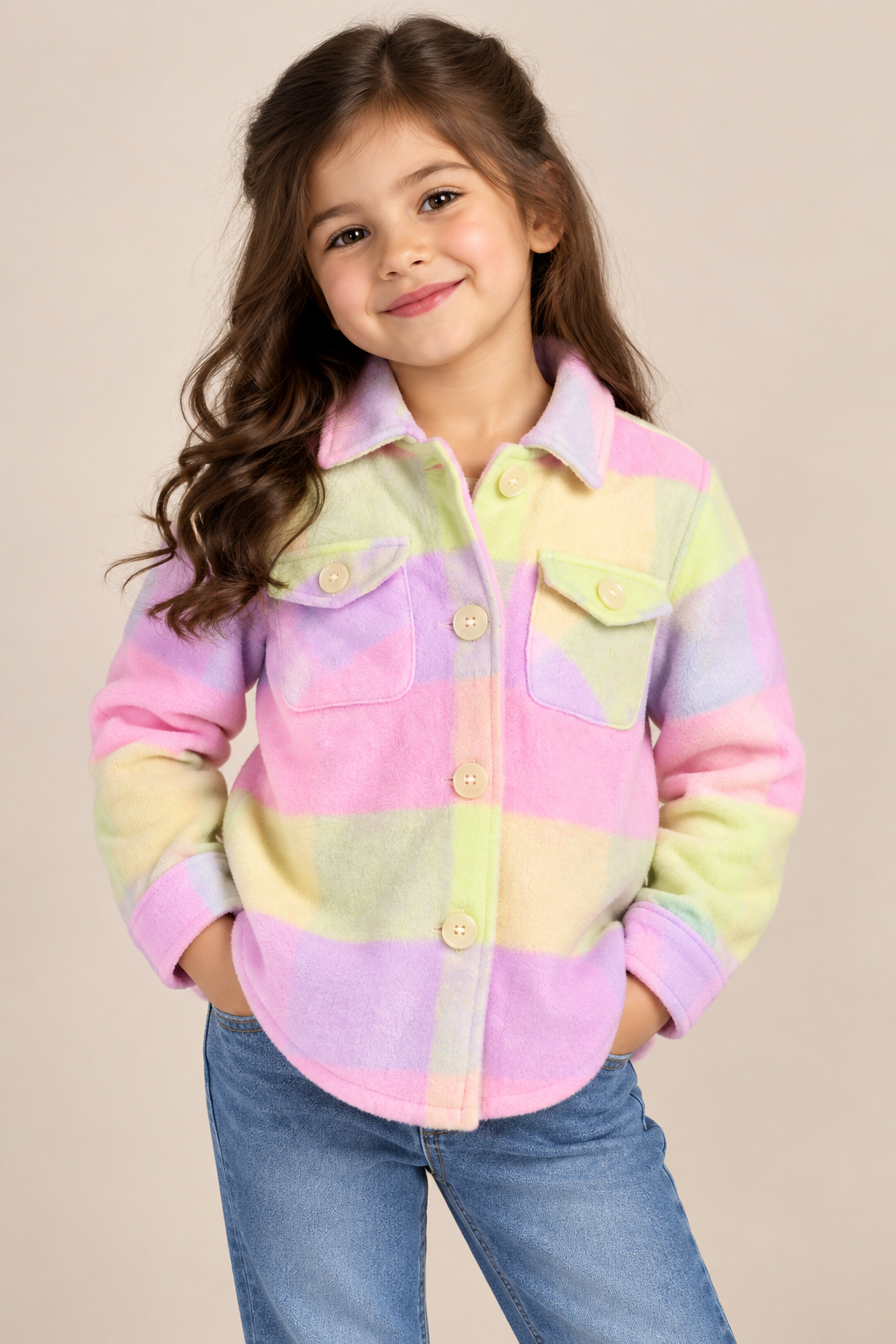 this PRIMARK girls pastel check fleece shacket in UK size 5–6 years. Soft, cosy and colourful with button fastening and chest pockets.