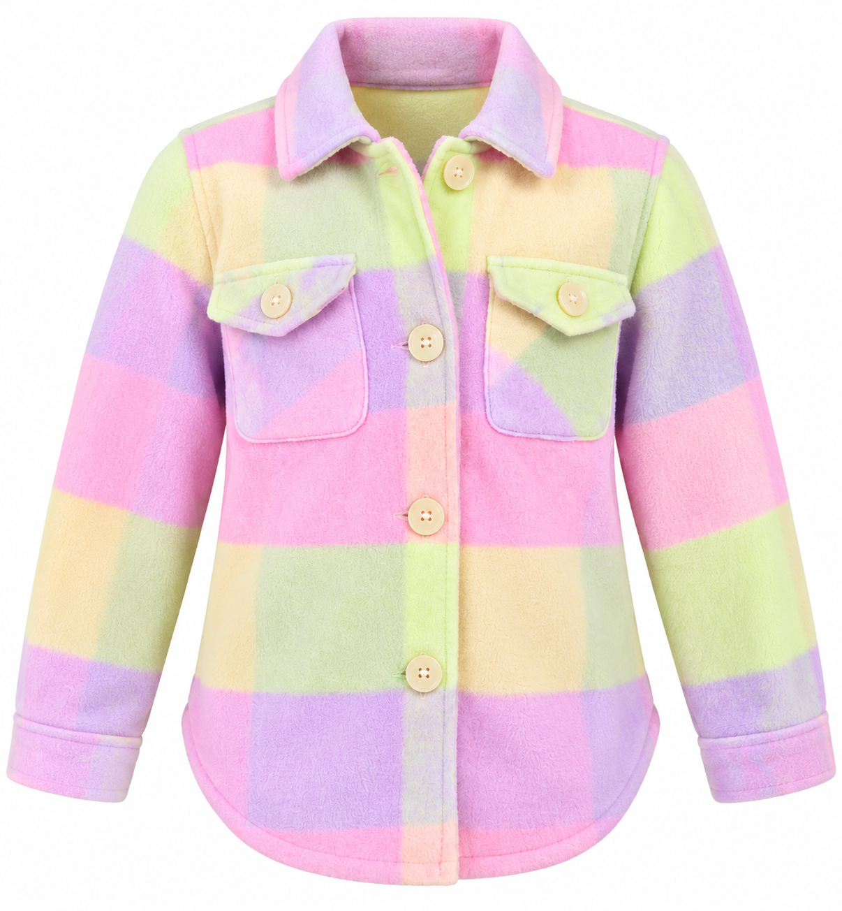 this PRIMARK girls pastel check fleece shacket in UK size 5–6 years. Soft, cosy and colourful with button fastening and chest pockets.