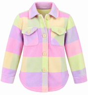 this PRIMARK girls pastel check fleece shacket in UK size 5–6 years. Soft, cosy and colourful with button fastening and chest pockets.