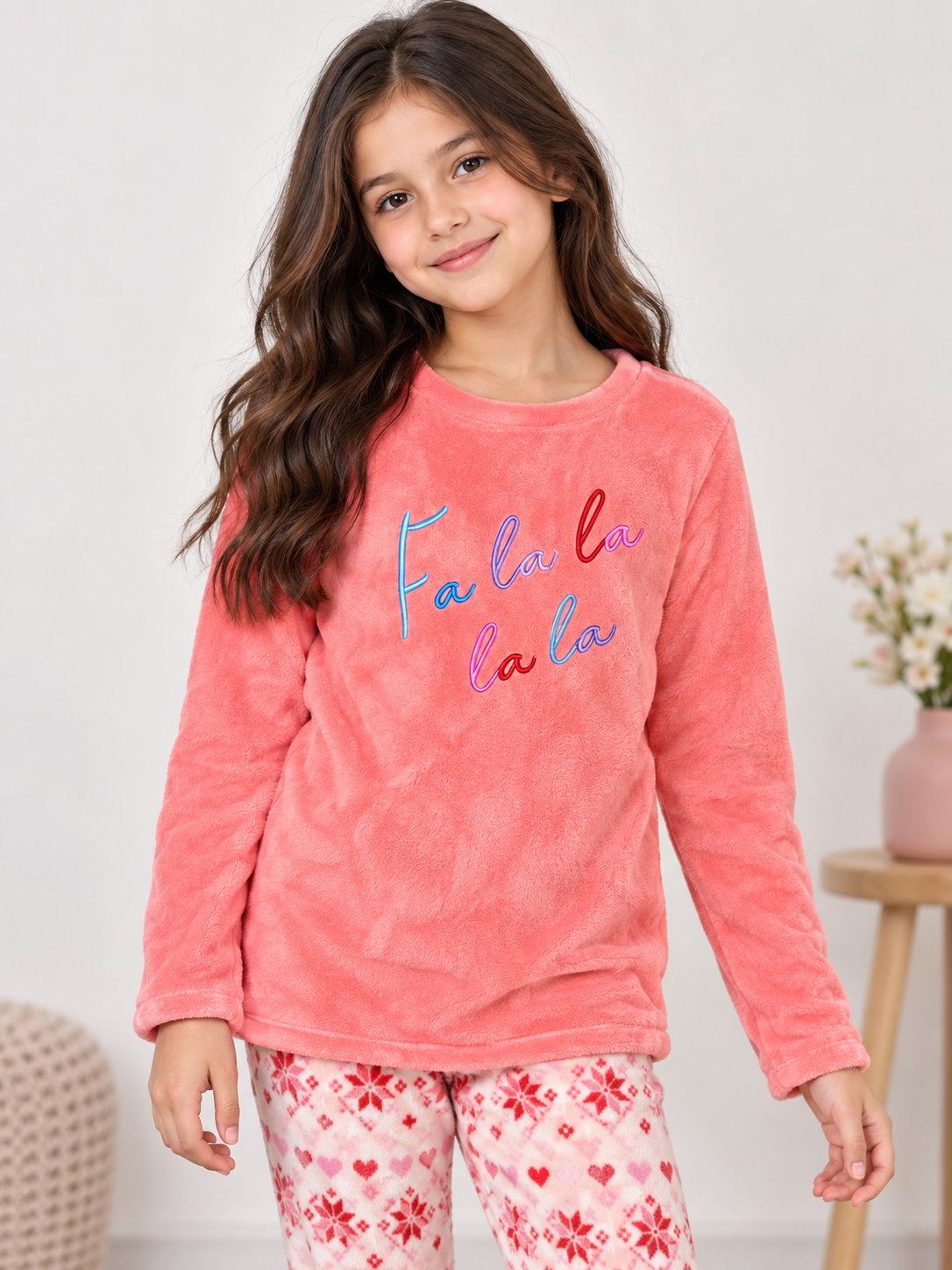 Primark Girls Pink Fluffy Fleece Sweatshirt in UK age 10–11 years. Soft, cozy long sleeve top with colourful Fa La La embroidery. Ideal for winter.
