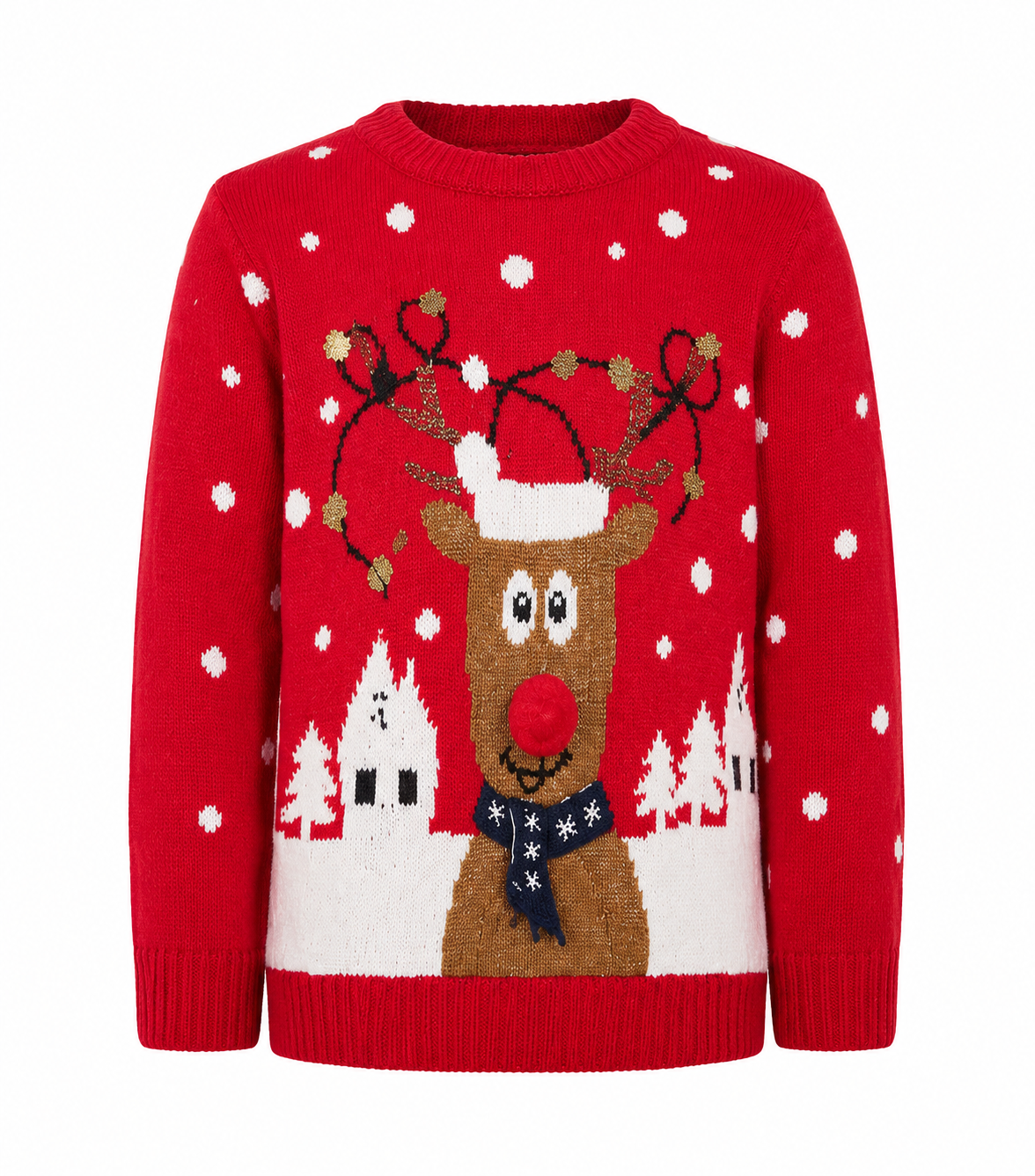 Primark Girls Red Christmas Reindeer Jumper in UK 7-8 Years. Festive knitted winter sweater with a fun reindeer design, perfect for Christmas and cosy winter days.