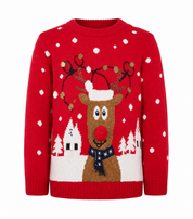Primark Girls Red Christmas Reindeer Jumper in UK 7-8 Years. Festive knitted winter sweater with a fun reindeer design, perfect for Christmas and cosy winter days.
