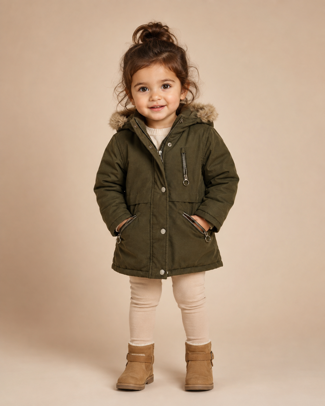 PRIMARK kids olive green parka jacket for UK size 2–3 years, featuring a cosy faux-fur hood, zipped pockets and warm padded design.
