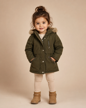 PRIMARK kids olive green parka jacket for UK size 2–3 years, featuring a cosy faux-fur hood, zipped pockets and warm padded design.