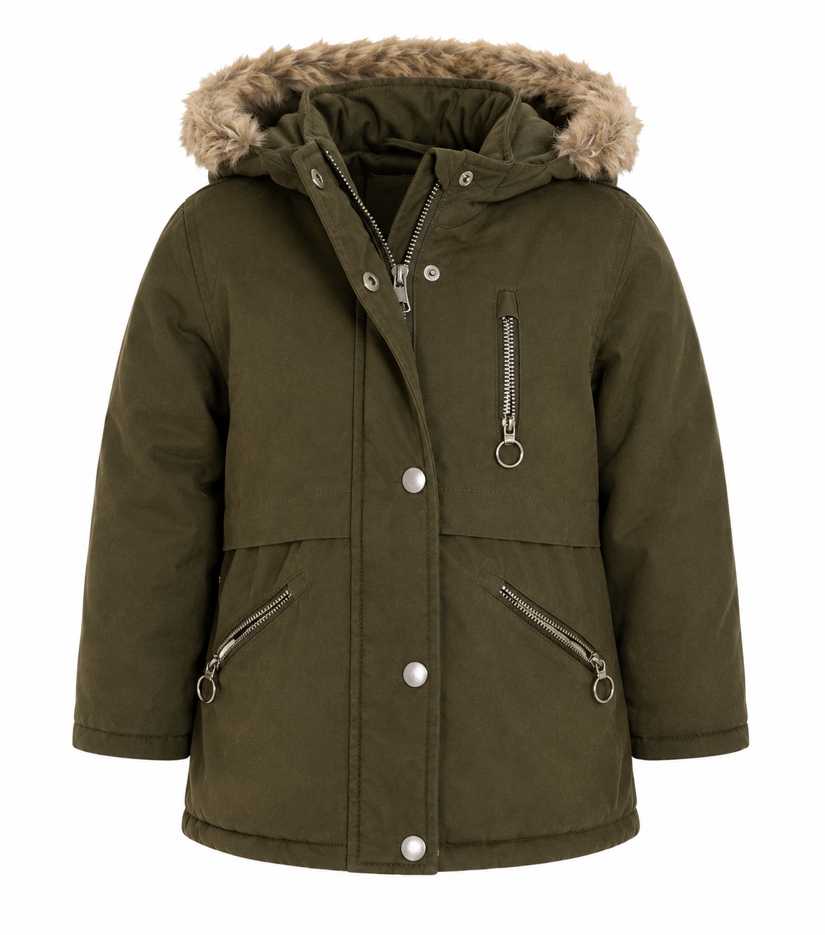 PRIMARK kids olive green parka jacket for UK size 2–3 years, featuring a cosy faux-fur hood, zipped pockets and warm padded design.