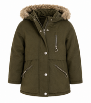PRIMARK kids olive green parka jacket for UK size 2–3 years, featuring a cosy faux-fur hood, zipped pockets and warm padded design.