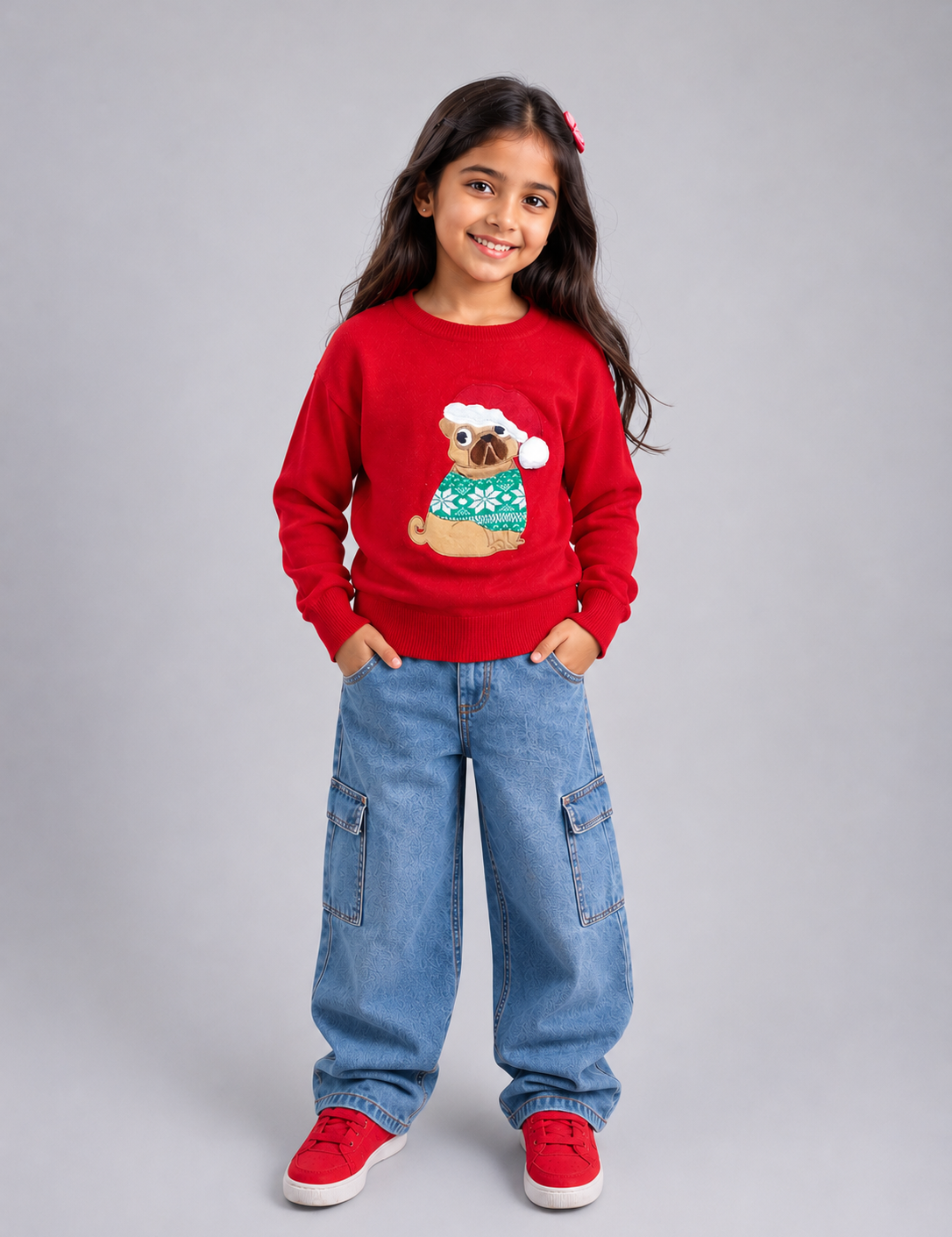  Primark Kids Red Christmas Pug Sweater featuring an adorable festive pug design. Soft, warm, and perfect for Christmas parties, winter outings, and holiday celebrations.