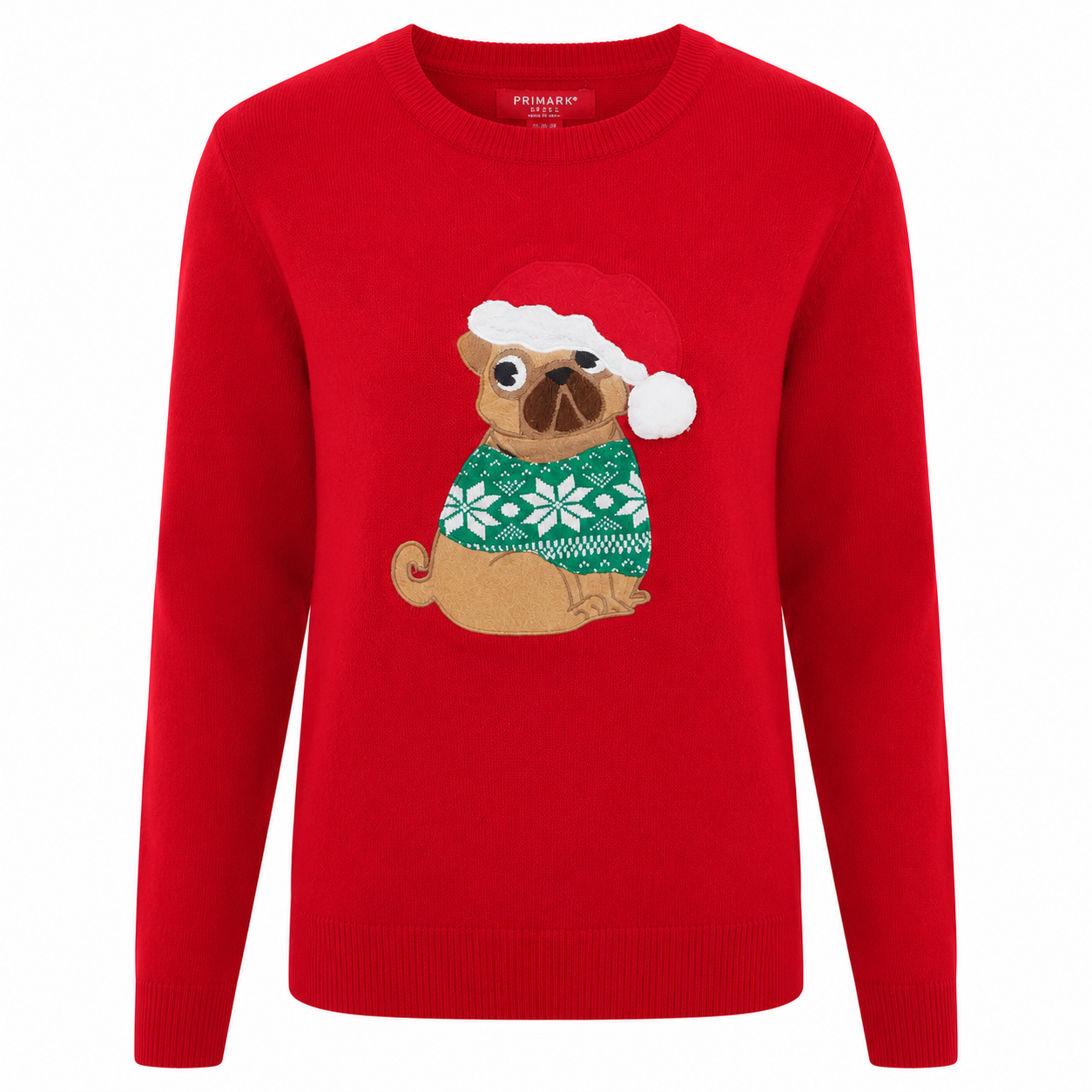  Primark Kids Red Christmas Pug Sweater featuring an adorable festive pug design. Soft, warm, and perfect for Christmas parties, winter outings, and holiday celebrations.