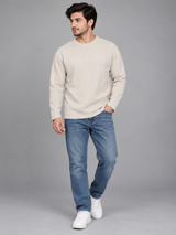 Primark Men Beige Ribbed Crew Neck Long Sleeve Top