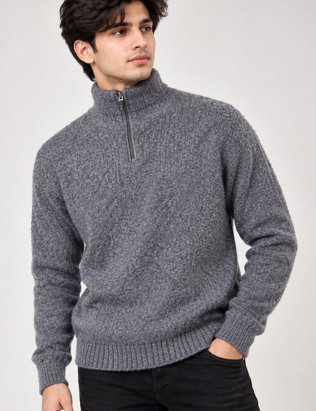 PRIMARK Men’s Grey Quarter-Zip Knit Jumper in UK Size M. Soft textured knit with high zip neck, long sleeves and ribbed trims for stylish winter wear.