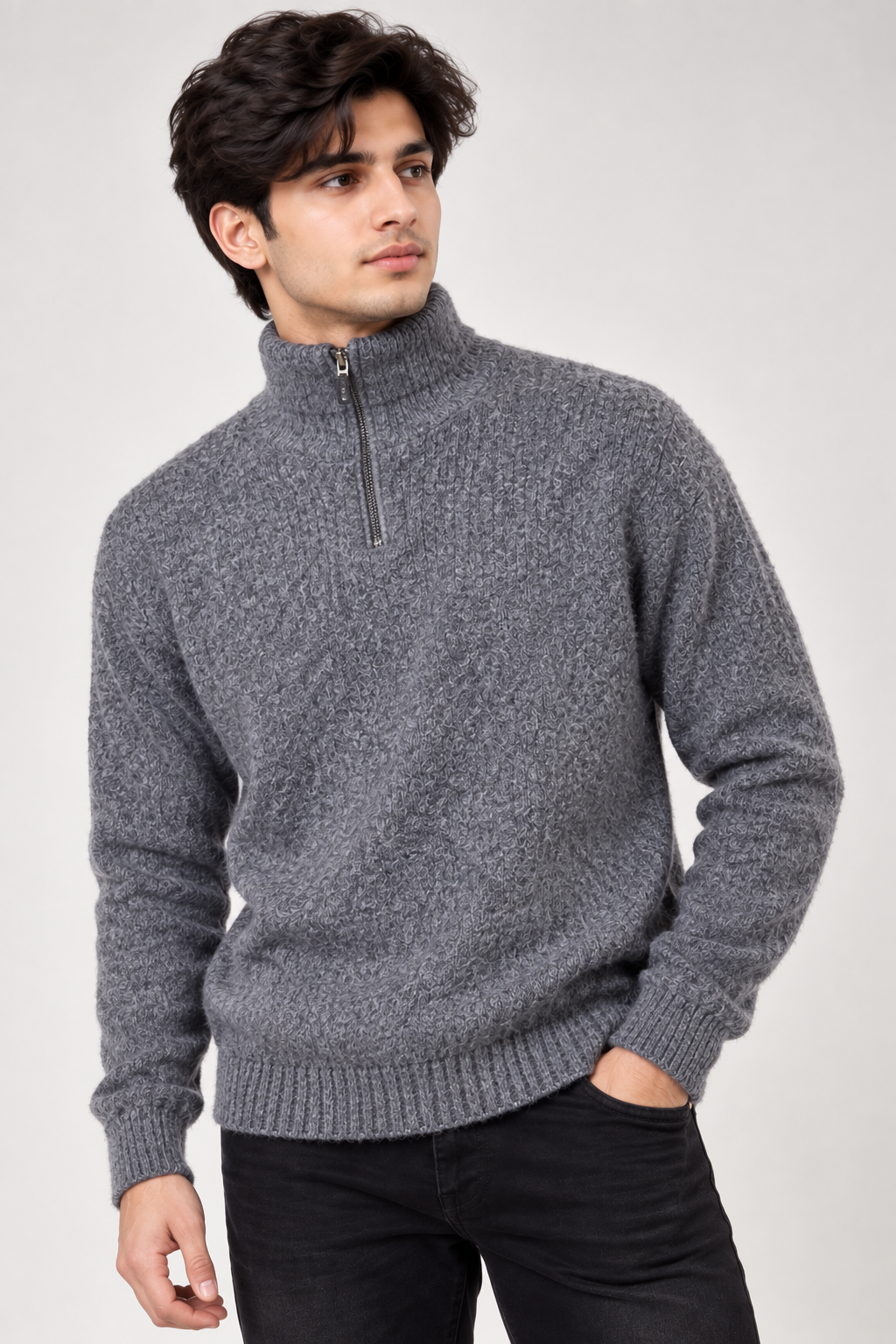 PRIMARK Men’s Grey Quarter-Zip Knit Jumper in UK Size M. Soft textured knit with high zip neck, long sleeves and ribbed trims for stylish winter wear.