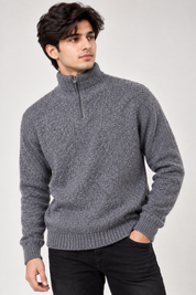PRIMARK Men’s Grey Quarter-Zip Knit Jumper in UK Size M. Soft textured knit with high zip neck, long sleeves and ribbed trims for stylish winter wear.
