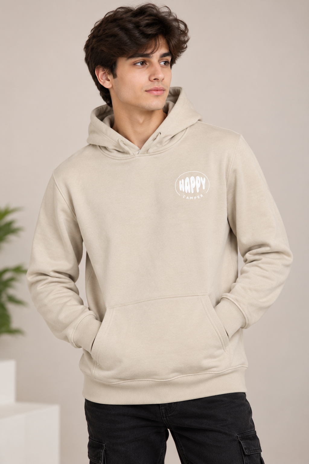 PRIMARK Men’s Happy Camper beige pullover hoodie in UK Size XS. Stylish casual hoodie with kangaroo pocket, long sleeves and chest graphic.