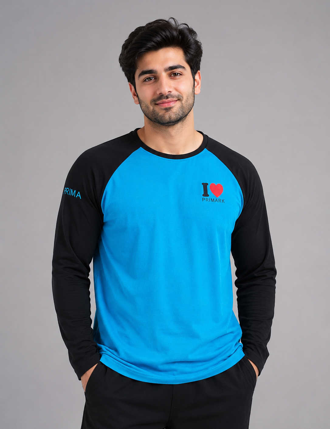  Primark Men's XXL Blue & Black Long Sleeve Raglan T-Shirt. Soft, comfortable crew neck tee with sporty raglan sleeves for everyday casual wear.