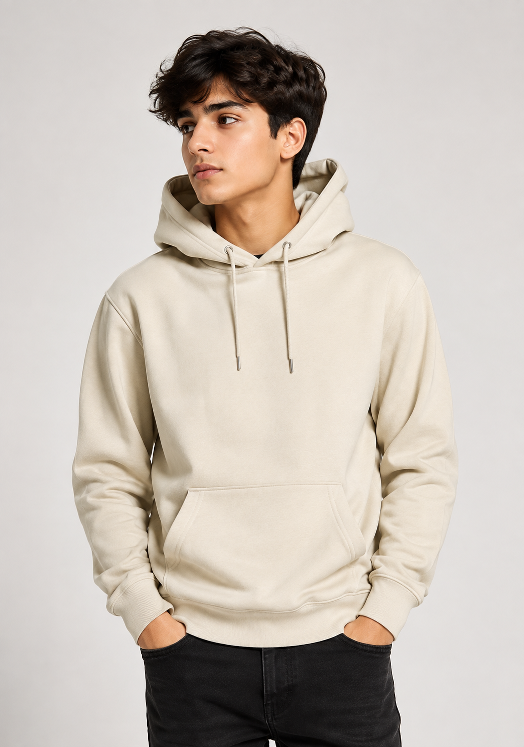  PRIMARK Men's Cream Pullover Hoodie featuring soft fleece fabric, adjustable hood, kangaroo pocket, and a comfortable fit for everyday casual style.