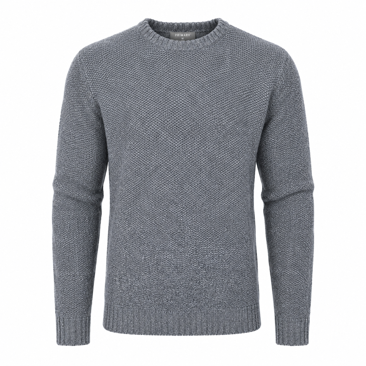  PRIMARK Men's Grey Textured Crew Neck Knit Sweater featuring a soft knitted fabric, classic crew neck, regular fit, and warm winter comfort. Perfect for casual and smart-casual wear.