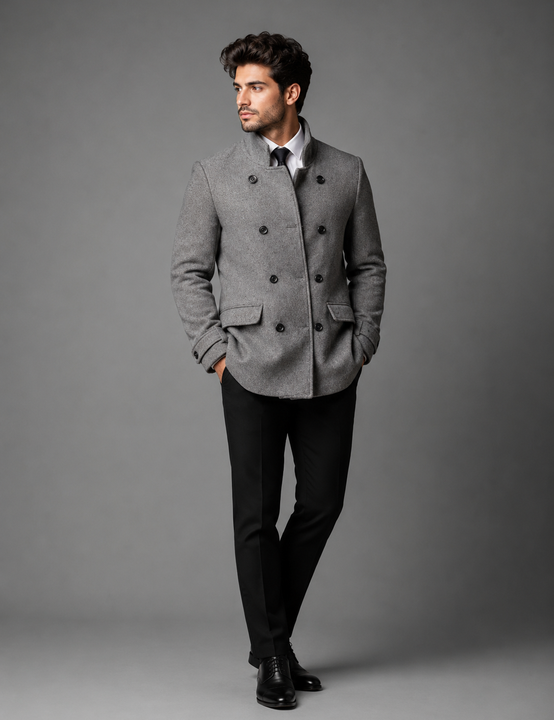 PRIMARK men's grey Turkish style double-breasted coat in UK size M. Smart formal design with high collar, flap pockets and stylish button detailing.
