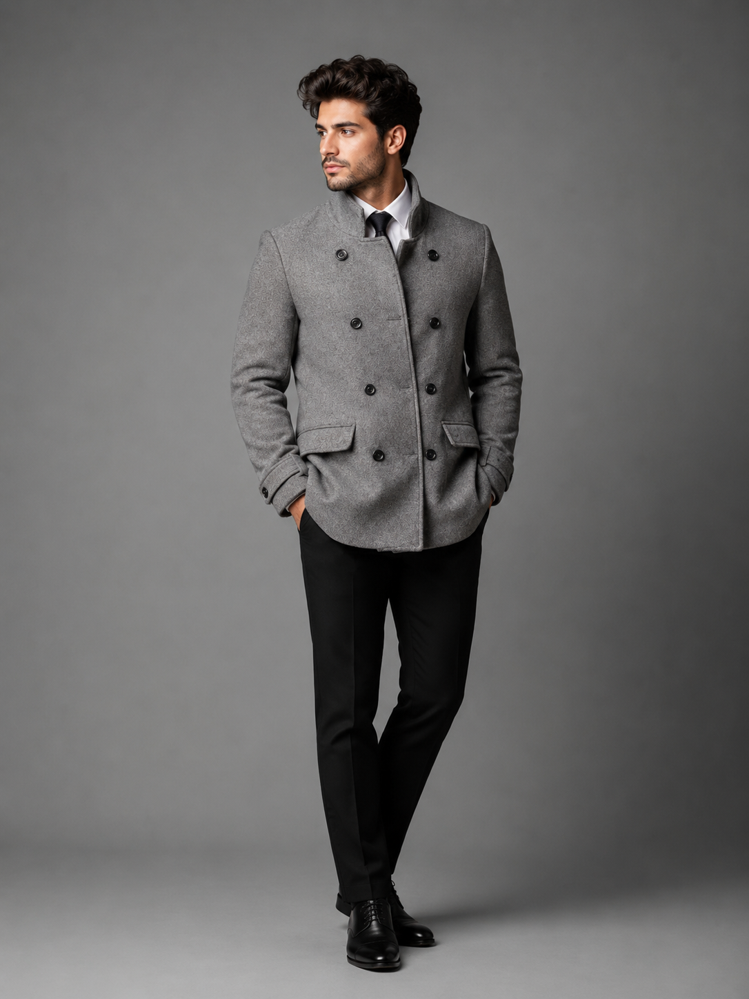 PRIMARK men's grey Turkish style double-breasted coat in UK size M. Smart formal design with high collar, flap pockets and stylish button detailing.