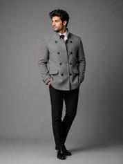 PRIMARK men's grey Turkish style double-breasted coat in UK size M. Smart formal design with high collar, flap pockets and stylish button detailing.