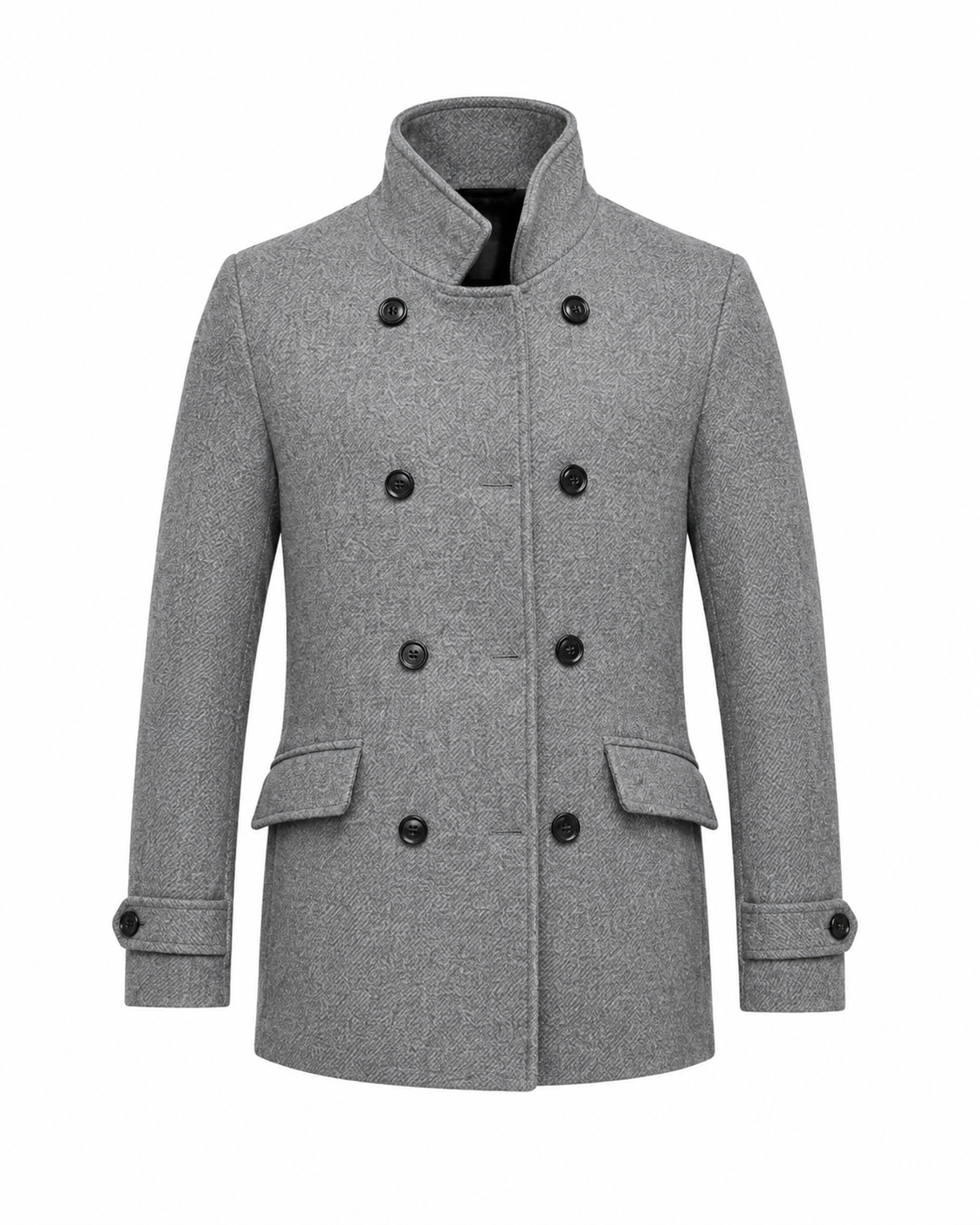 PRIMARK men's grey Turkish style double-breasted coat in UK size M. Smart formal design with high collar, flap pockets and stylish button detailing.