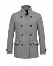 PRIMARK men's grey Turkish style double-breasted coat in UK size M. Smart formal design with high collar, flap pockets and stylish button detailing.