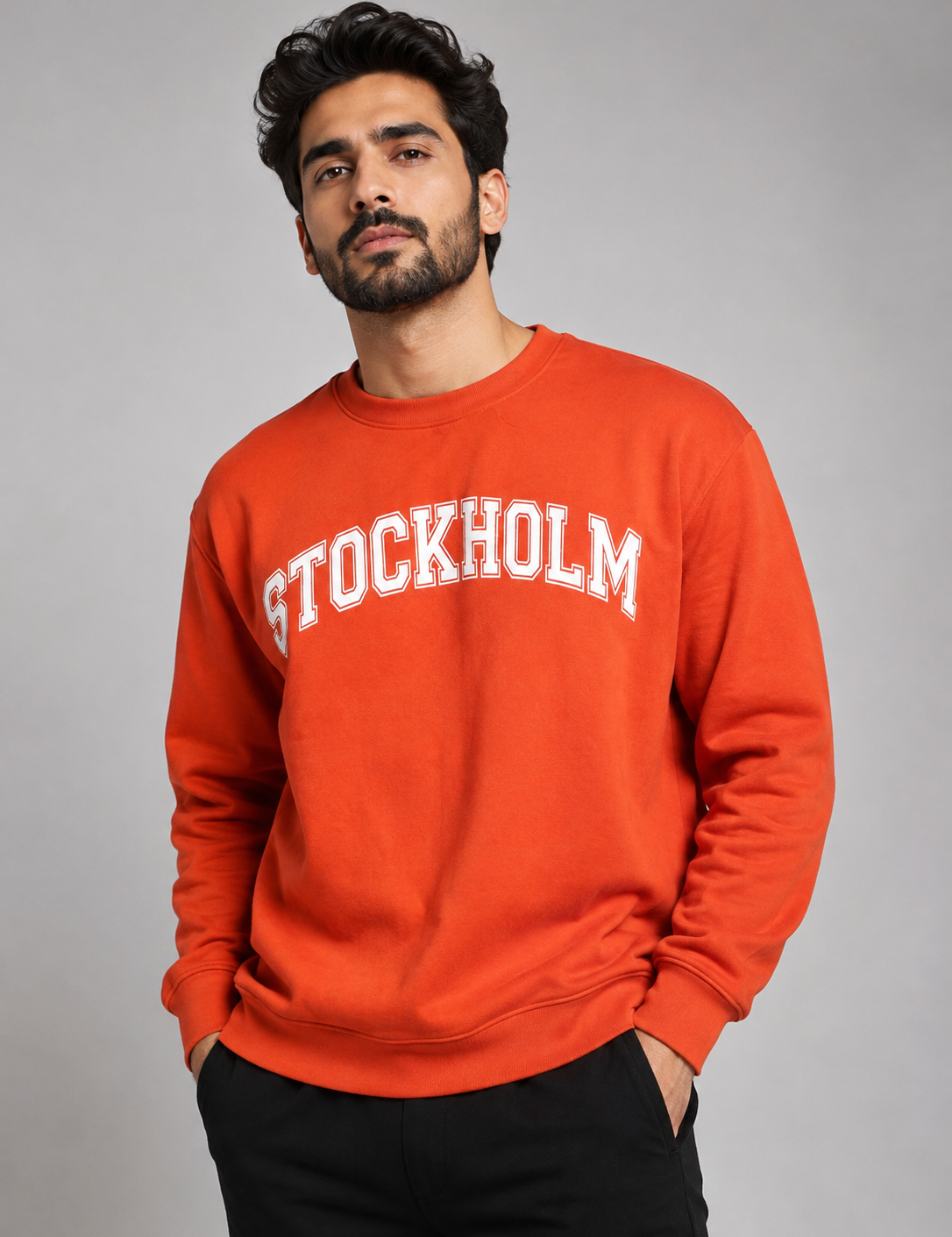  Primark Orange Stockholm Sweatshirt in UK Size 22. Featuring bold varsity lettering, crew neck and long sleeves, perfect for casual everyday styling.