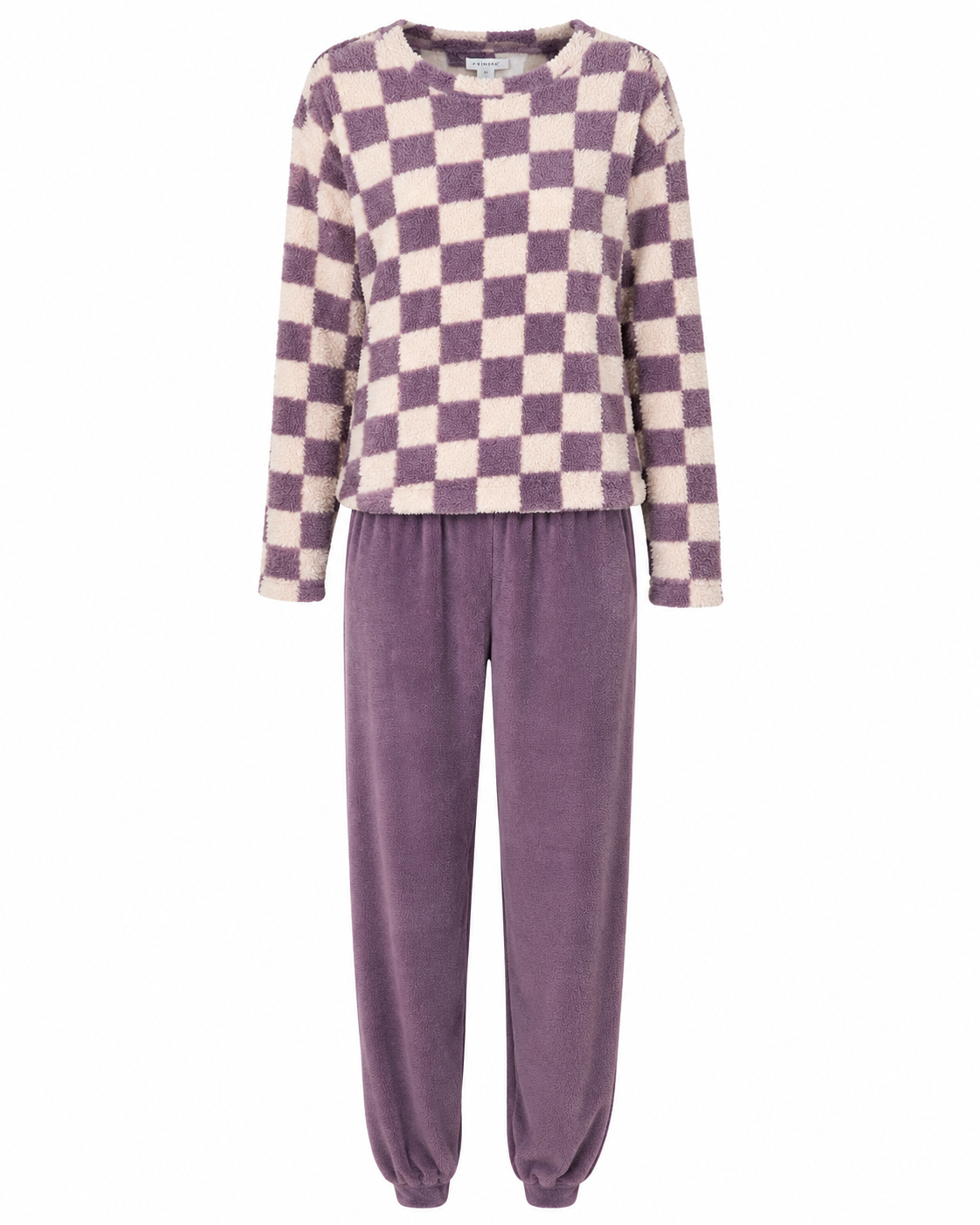 Primark purple and cream checkered fleece loungewear set, featuring a cozy plush top and matching purple joggers. Perfect for relaxed everyday and winter wear.