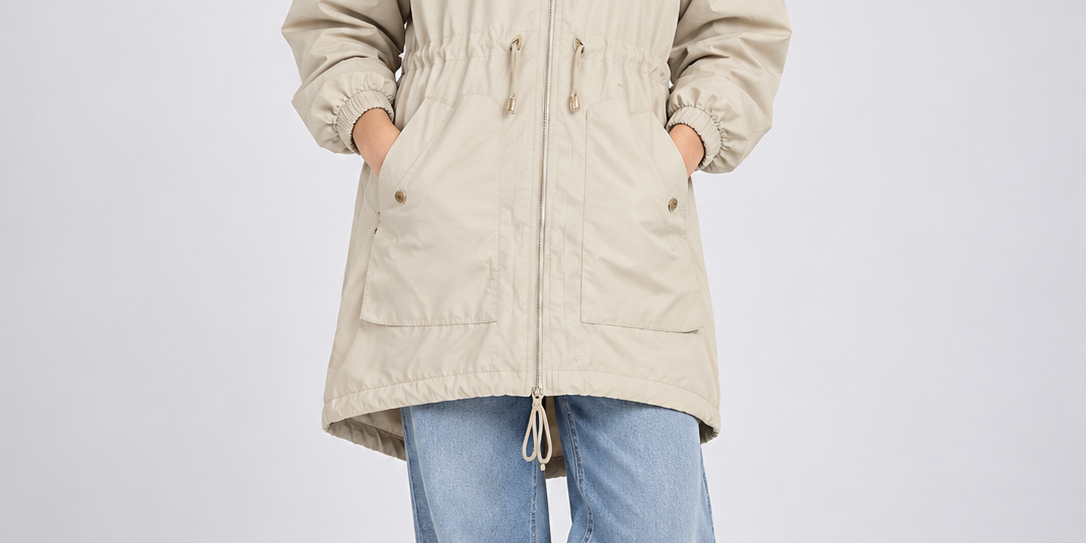 PRIMARK Women's Beige Hooded Parka Jacket in UK XL. Lightweight zip-up coat with adjustable waist and hood. Chest 20", length 28". Shop now!