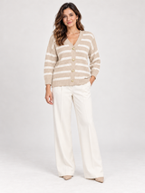 Primark Women Beige & White Striped Knit Cardigan