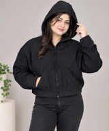 Primark Women Black Cropped Hooded Zip-Up Jacket – Long Sleeve Casual Hoodie