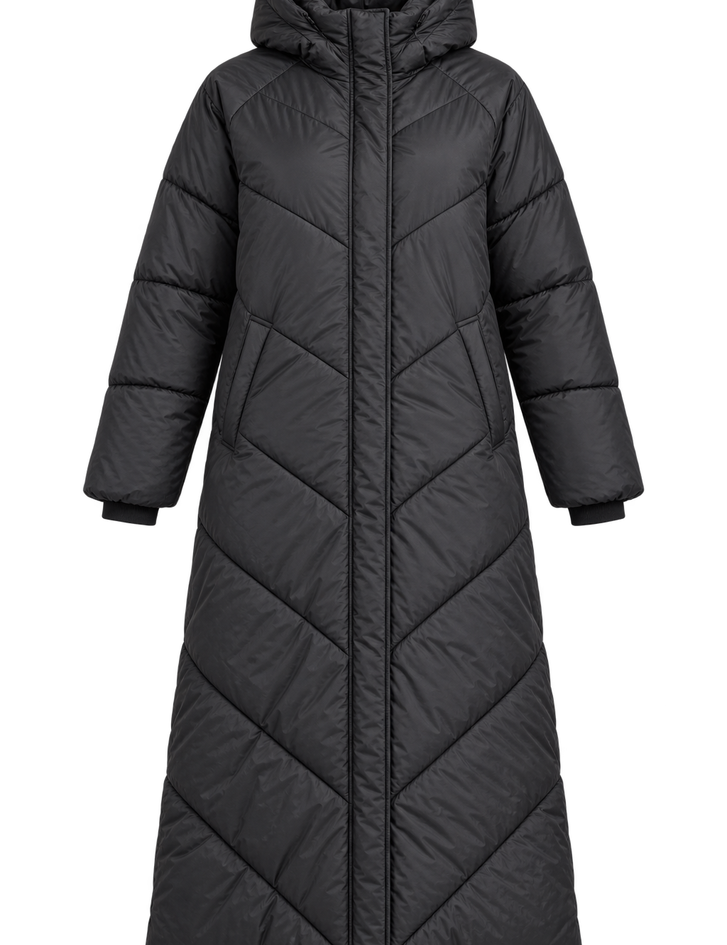  Primark women’s black long hooded puffer coat in UK Size 2XL. A warm, quilted longline winter jacket with padded construction and side pockets.