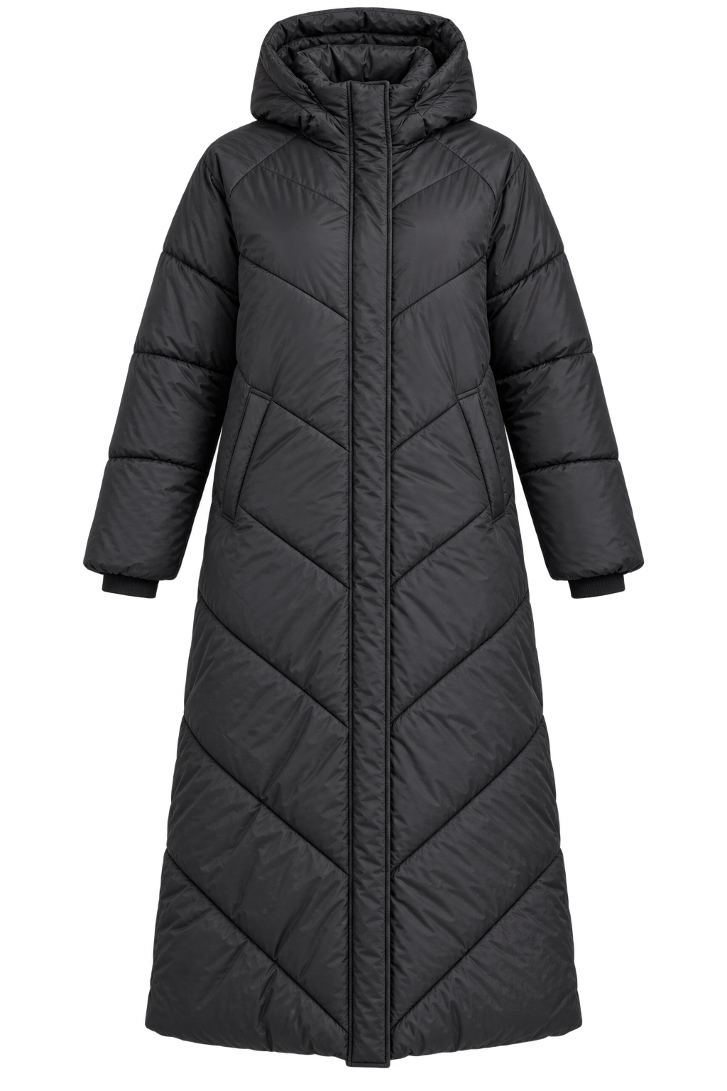  Primark women’s black long hooded puffer coat in UK Size 2XL. A warm, quilted longline winter jacket with padded construction and side pockets.