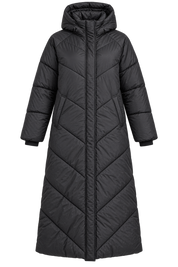  Primark women’s black long hooded puffer coat in UK Size 2XL. A warm, quilted longline winter jacket with padded construction and side pockets.