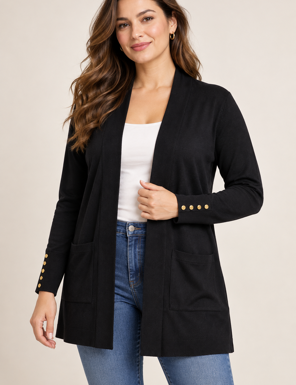  Primark women’s black open front cardigan in UK Size XL, featuring stylish gold button cuffs, front pockets and a versatile longline design.
