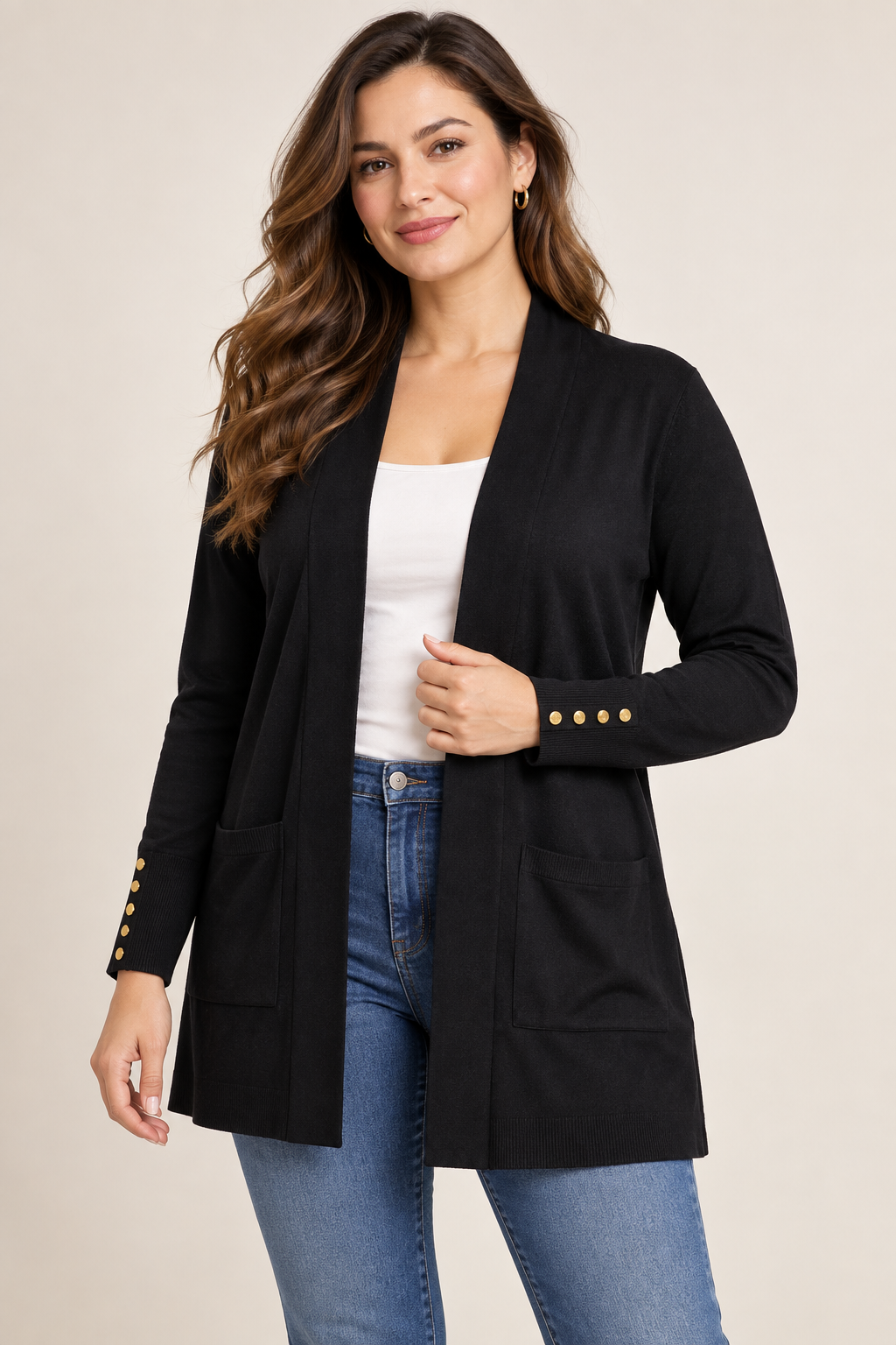  Primark women’s black open front cardigan in UK Size XL, featuring stylish gold button cuffs, front pockets and a versatile longline design.