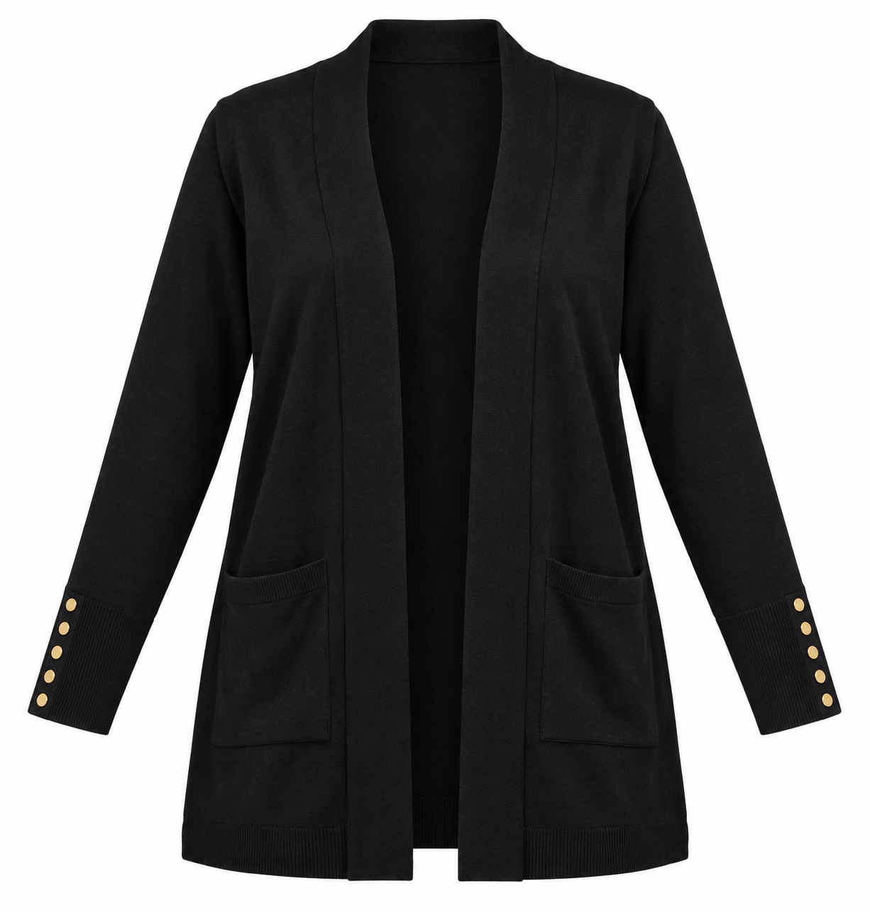  Primark women’s black open front cardigan in UK Size XL, featuring stylish gold button cuffs, front pockets and a versatile longline design.