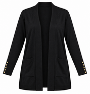  Primark women’s black open front cardigan in UK Size XL, featuring stylish gold button cuffs, front pockets and a versatile longline design.