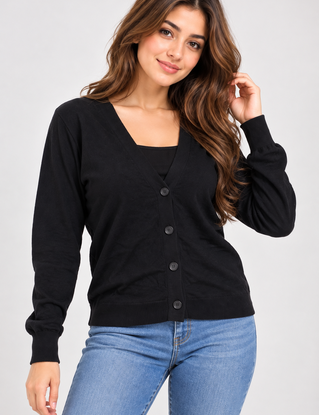 PRIMARK women’s black V-neck button cardigan in UK Size L. Classic long-sleeve design with 4-button front and ribbed hem, ideal for everyday layering.
