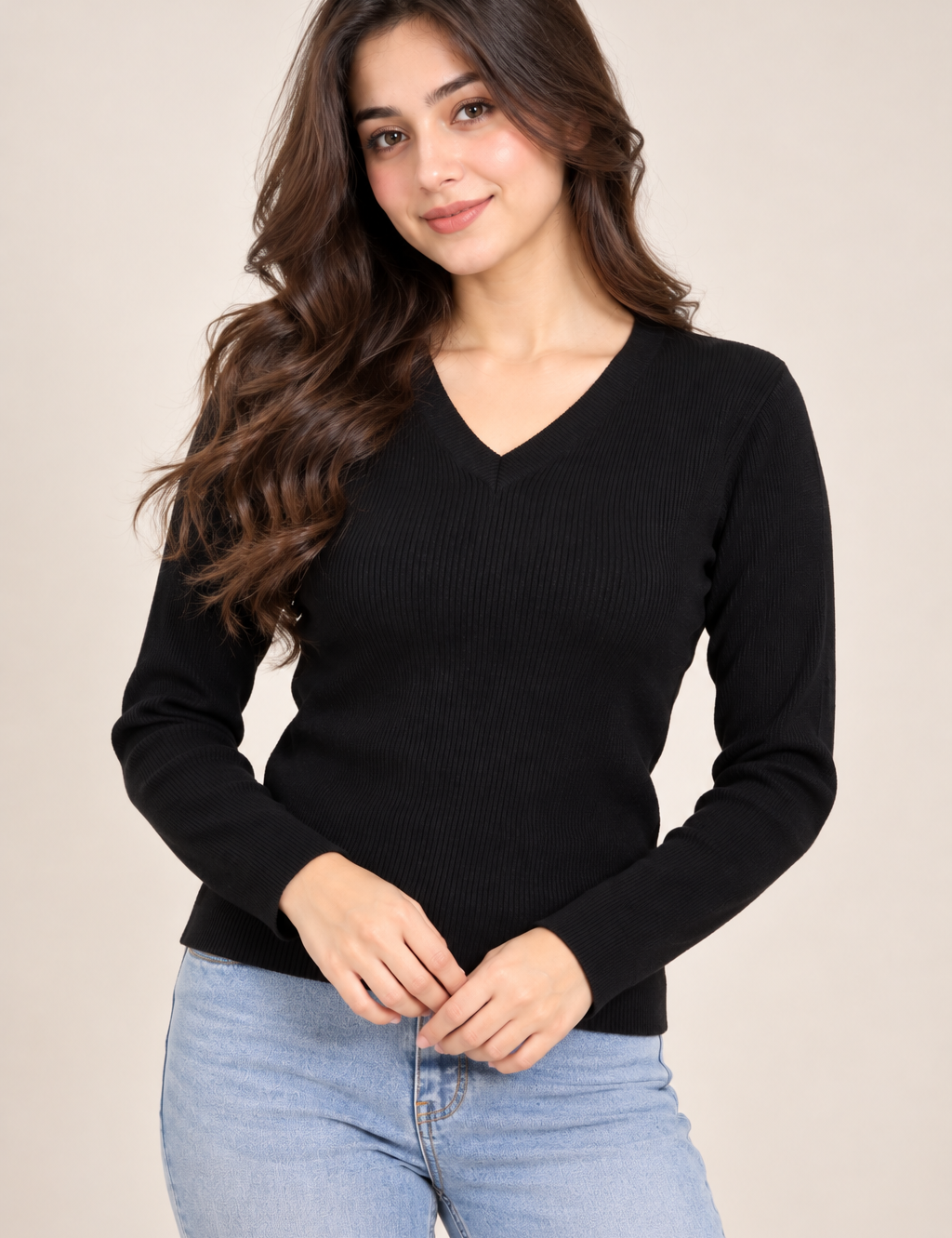 PRIMARK Women’s Black V-Neck Ribbed Knit Jumper in UK Size S. A stylish fitted long-sleeve knit top ideal for casual and everyday wear.