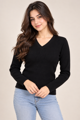 PRIMARK Women Black V-Neck Ribbed Knit Jumper