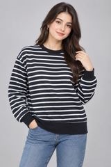 PRIMARK Women Black & White Striped Crew Neck Sweatshirt