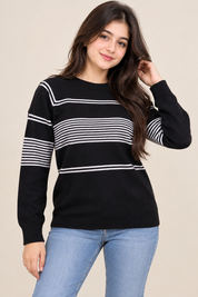 PRIMARK women’s black and white striped knit jumper in UK Size S. Stylish round-neck, long-sleeve design ideal for casual and everyday wear.